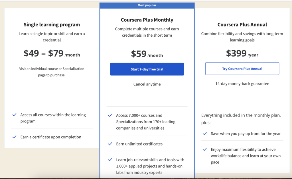 Coursera vs Simplilearn: Coursera Pricing Model